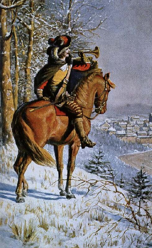 alexis de tocqueville a mounted bugler blowing a large bell instrument. Germany oil painting art